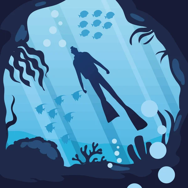 Undersea Diver Corals Reef Bubbles — Διανυσματικό Αρχείο