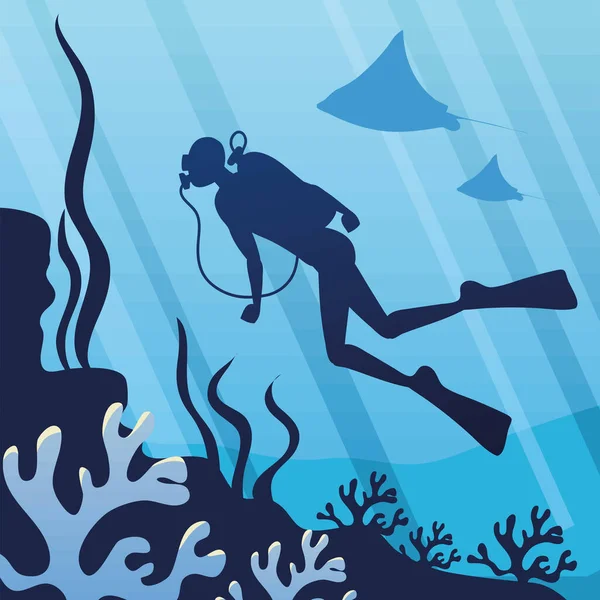 Mergulhador Oceano Corais Cena —  Vetores de Stock
