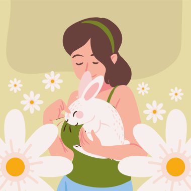 Güzel bir kadın bir tavşan tutuyor, resim.