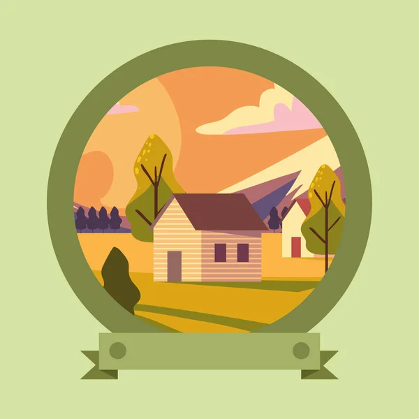 Rural Cottages Trees Label — Stok Vektör