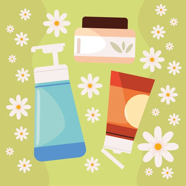 Organic Cosmetics Creams Flowers Background — Archivo Imágenes Vectoriales