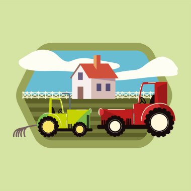çiftlik traktörü ve ahır, kırsal etiket
