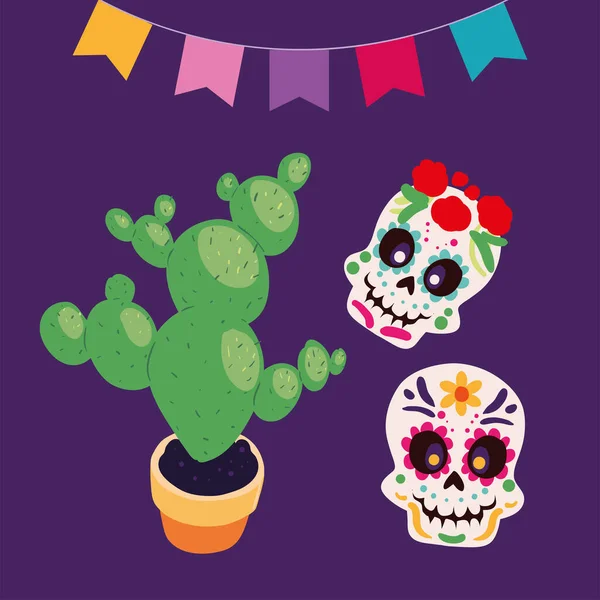 Traditional Skulls Cactus Mexico — Vector de stock