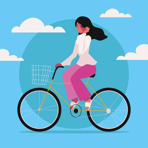 Young Woman Riding Bicycle World Car Free — Vector de stock