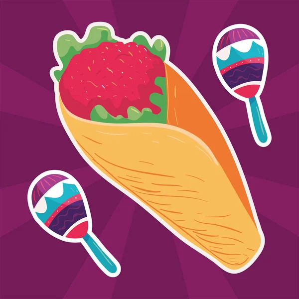 Burrito Mexicano Adesivos Maracas — Vetor de Stock