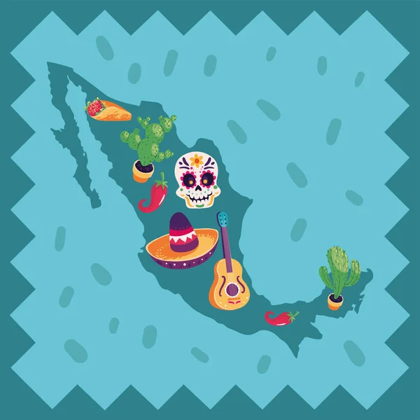 Mapa México Com Crânio Chapéu — Vetor de Stock