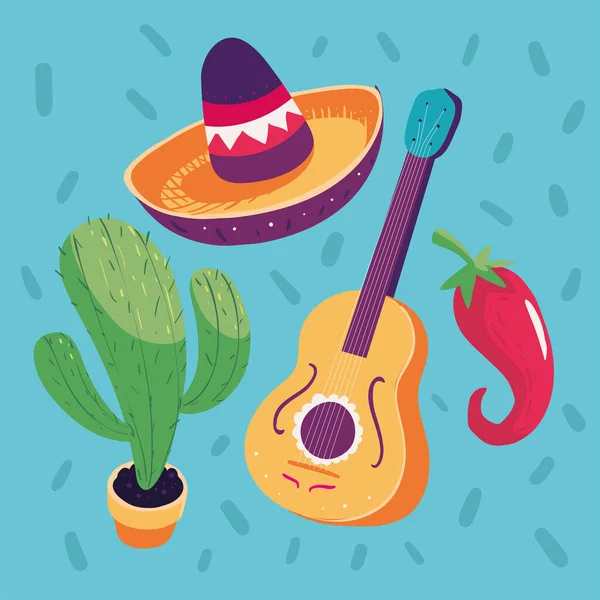 Icons Mexican Hat Guitar Cactus — Vector de stock