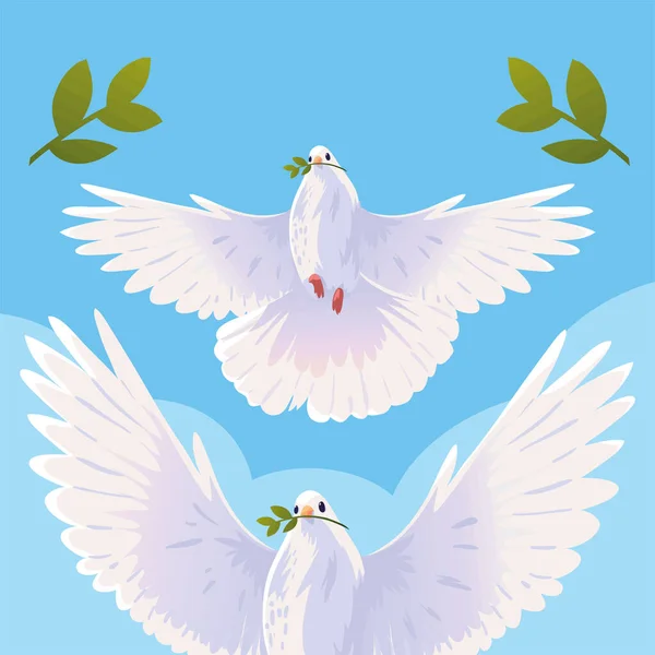 White Pigeons Leaf Peace — 스톡 벡터