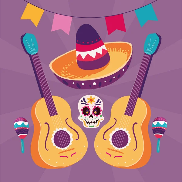 Mexikanische Gitarren Und Totenkopf Mit Maracas — Stockvektor