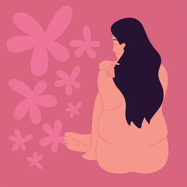 Back View Overweight Woman Flowers Background — Vector de stock