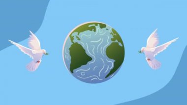 doves birds flying with earth planet ,4k video animated