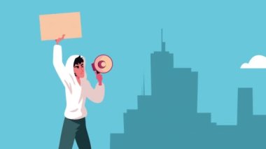 Karakter demokrasisi animasyonunu protesto eden adam, 4k video animasyonu