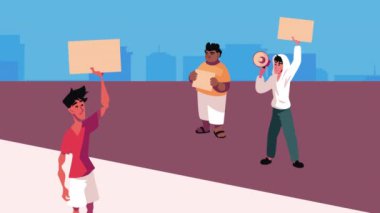 Demokrasi animasyonunu protesto eden erkekler, 4k video animasyonu