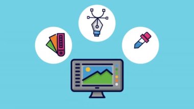 Grafik tasarımı stüdyo masaüstü ve araçları, 4k video animasyonu