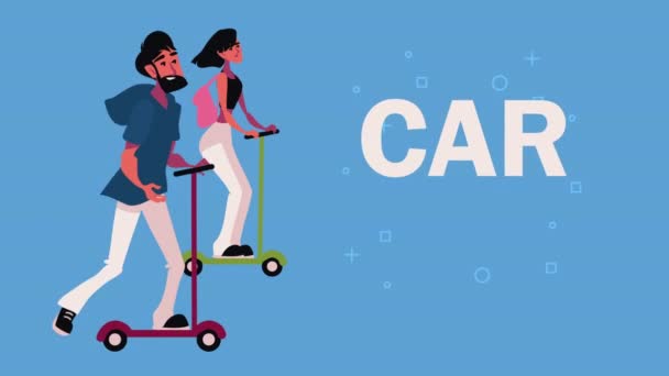 Car Free Day Lettering Couple Skates Video Animated — Stockvideo