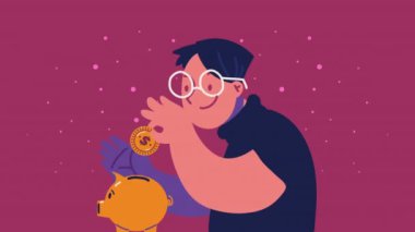 Genç adam para tasarrufu animasyonu, 4k video animasyonu