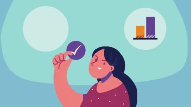 İstatistiksel animasyonu olan genç bir kadın, 4k video animasyonu