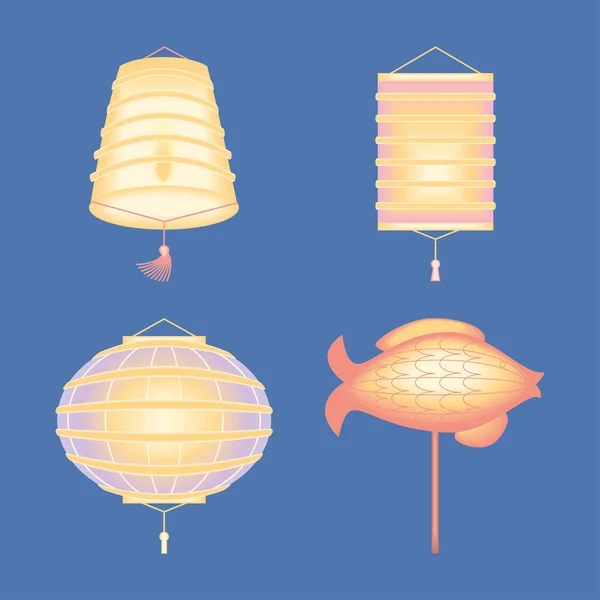 Asian Traditional Lamps Icons Set — Archivo Imágenes Vectoriales