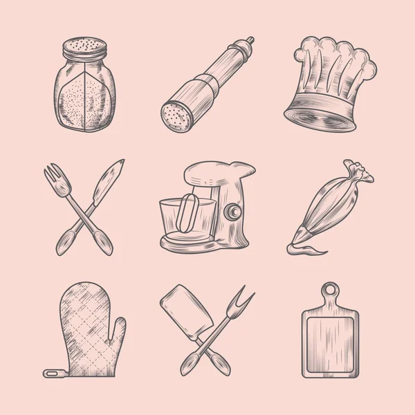 Icons Kitchen Utensils Include Salt Shaker — Wektor stockowy
