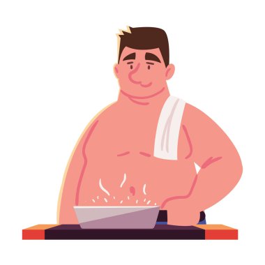 man holding frying pan icon isolated