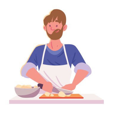 man cooking potatoes icon isolated