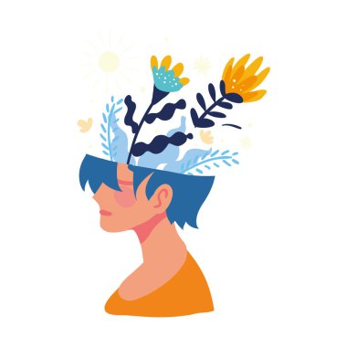 mental health, profile with bain flowers icon