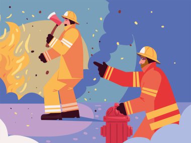 firemen extinguish fire with ax and hydrant