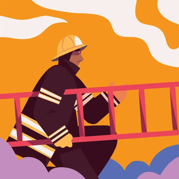 Банер Пожежником Тримає Драбину — стоковий вектор