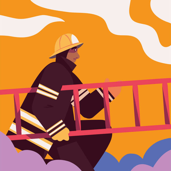 Banner Firefighter Holding Ladder — Vector de stock