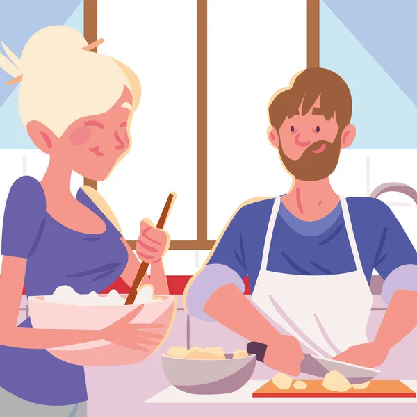 Koppel Koken Keuken Cartoon — Stockvector