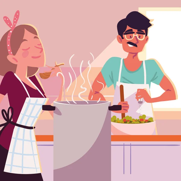 Couple Preparing Food Cooking Concept — Stok Vektör