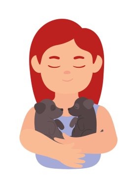girl hugging a little dogs icon isolated