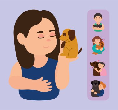 people with dogs icons set