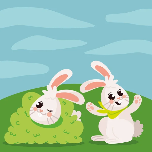Funny Rabbits Outdoors Cartoon Design — Stock Vector