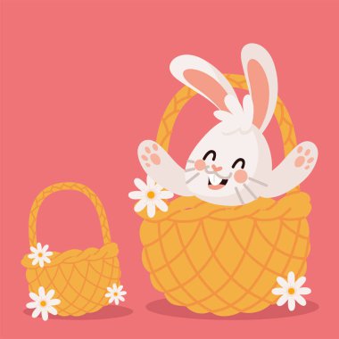 cute rabbit in wicker basket and flowers