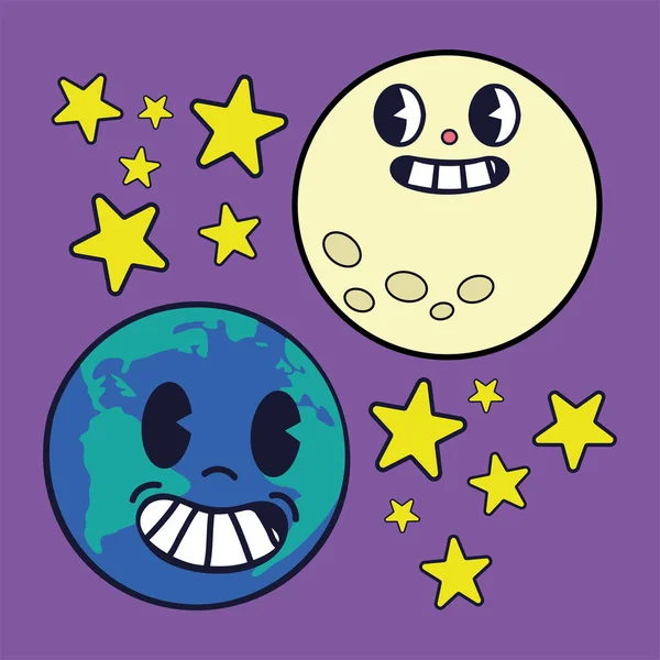 Cartoon Planet Moon Retro Design — Vetor de Stock