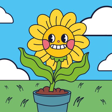 karikatür saksısı çiçek retro tarzı