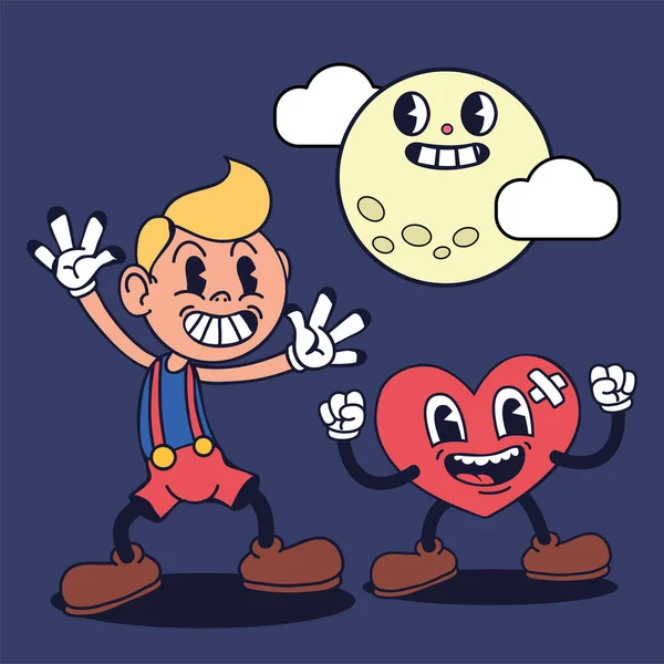 Cartoon Boy Moon Heart Retro Style — Vector de stock