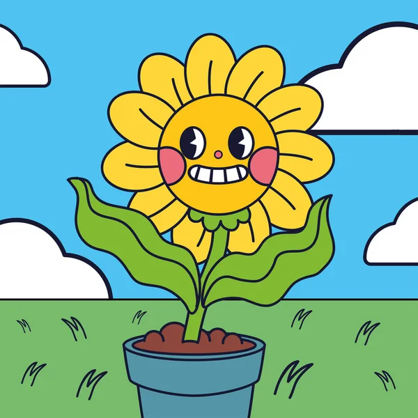 karikatür saksısı çiçek retro tarzı