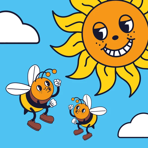 cartoon sun and bee, retro style