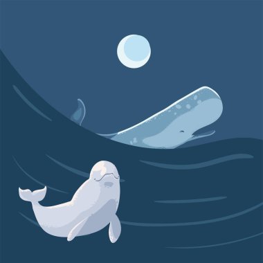 beluga and sperm whale ocean in the night