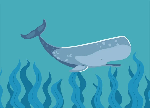 Sperm Whale Seaweeds Ocean Scene — Archivo Imágenes Vectoriales