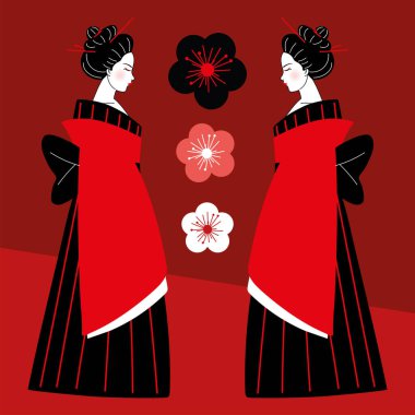geishas in elegant kimono with flowers