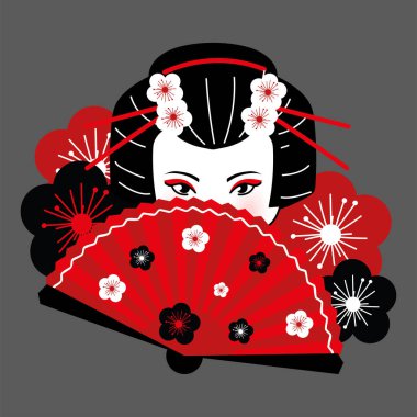 geisha face and hand fan with flowers