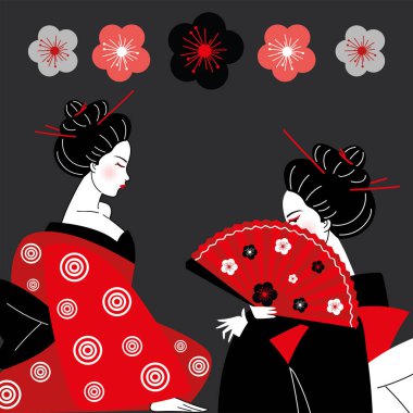 geishas and fan with sakura flowers