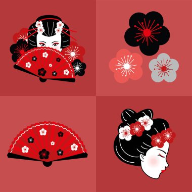 set of geishas with fan and flowers