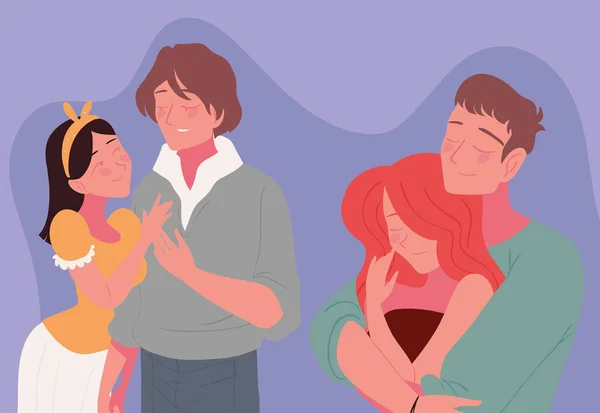 Couples Hugging Characters Vector Layout — ストックベクタ