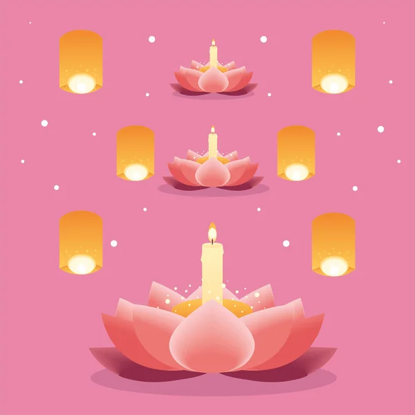 Loy Krathong Lotus Flowers Candles — Stockový vektor