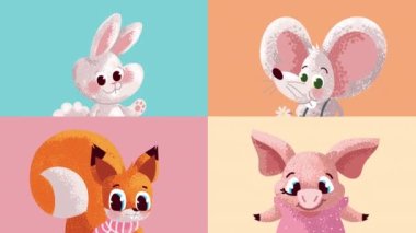 four cute animals characters animation ,4k video animated