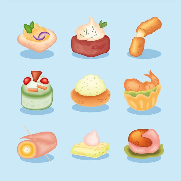 Icons Appetizers Food Vector Style — Vetor de Stock